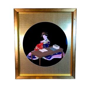 Large Vintage Japanese Geisha Bijin 3D Shadow Box Silk Kimono Gold Frame 21x18